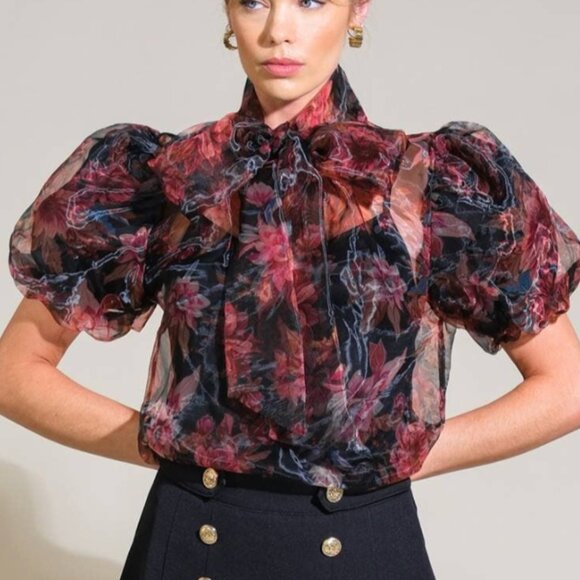 The Charlize Sheer Floral Bow Tie Blouse – Puff Sleeve Statement Top - Picture 1 of 4